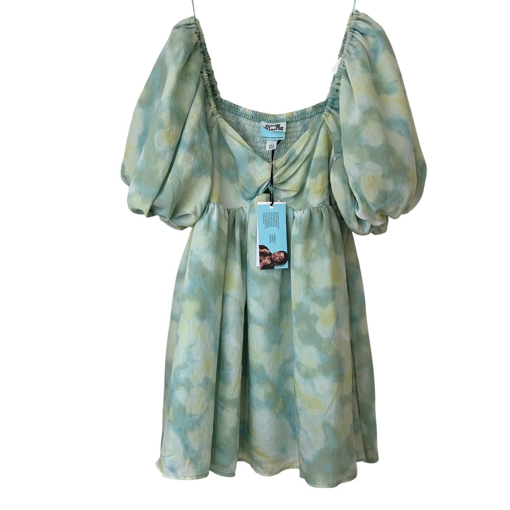 Future Collective Puff Sleeve Watercolor Mini Dress S Babydoll Smocked Fairycore
